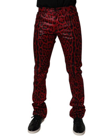 Dolce & Gabbana Red Leopard Cotton Slim Fit Denim Jeans by Dolce & Gabbana