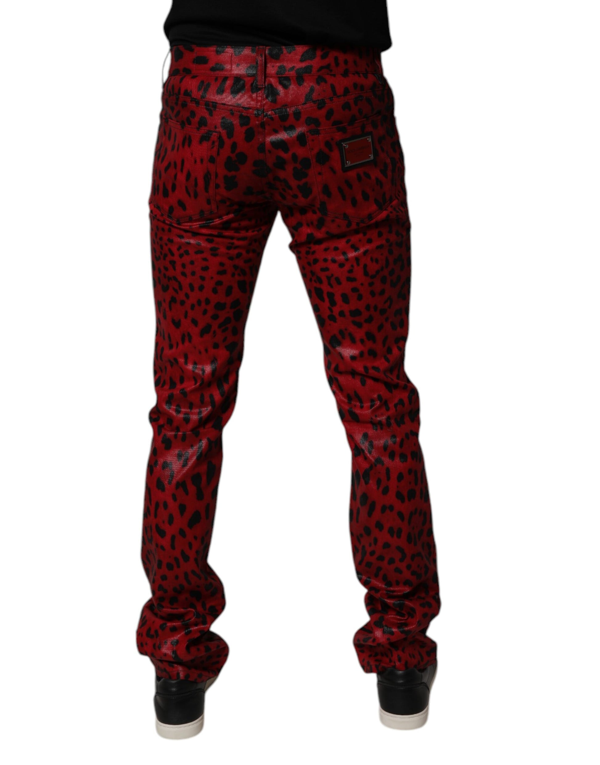 Dolce & Gabbana Red Leopard Cotton Slim Fit Denim Jeans by Dolce & Gabbana