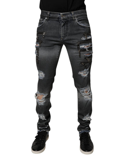 Dolce & Gabbana Dark Gray Tattered Cotton Skinny Denim Jeans by Dolce & Gabbana
