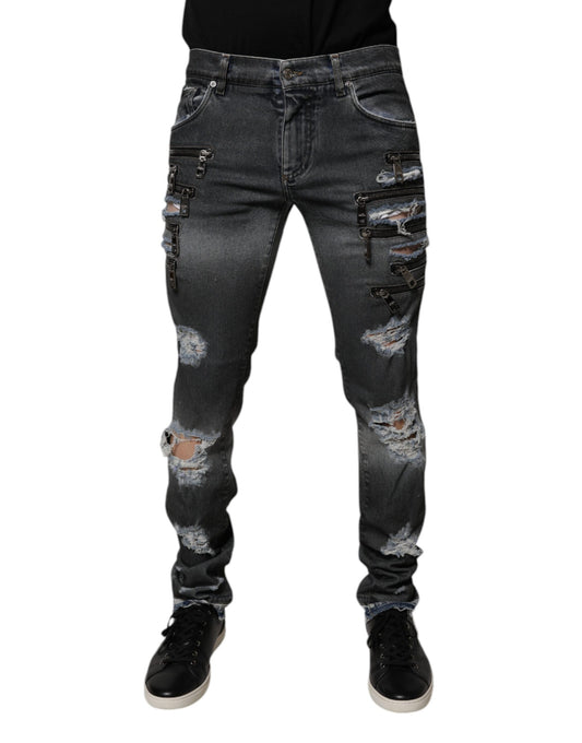 Dolce & Gabbana Dark Gray Tattered Cotton Skinny Denim Jeans by Dolce & Gabbana