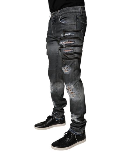 Dolce & Gabbana Dark Gray Tattered Cotton Skinny Denim Jeans by Dolce & Gabbana