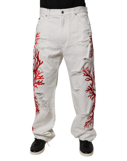 Dolce & Gabbana White Corals Tattered Straight Denim Jeans by Dolce & Gabbana