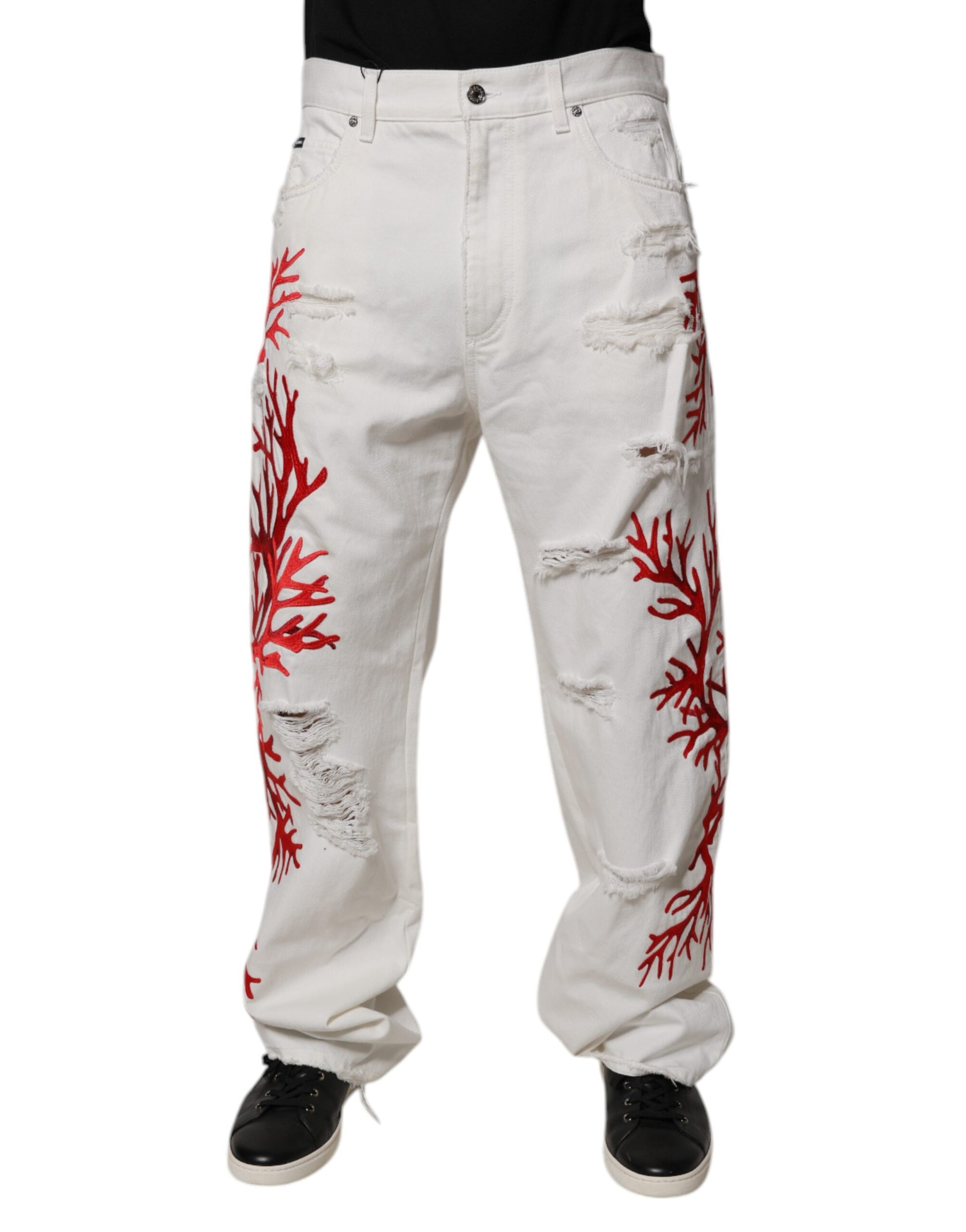 Dolce & Gabbana White Corals Tattered Straight Denim Jeans by Dolce & Gabbana