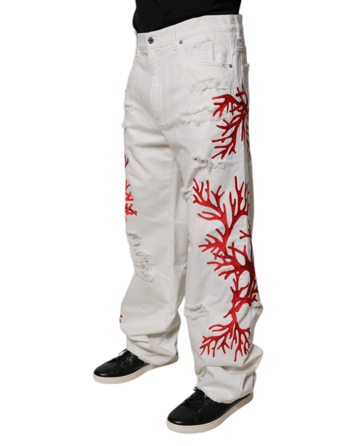 Dolce & Gabbana White Corals Tattered Straight Denim Jeans by Dolce & Gabbana