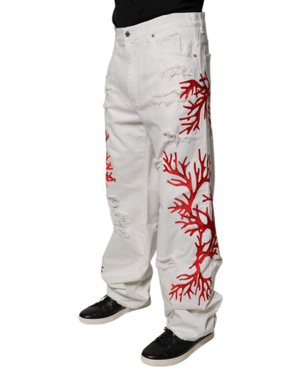 Dolce & Gabbana White Corals Tattered Straight Denim Jeans by Dolce & Gabbana