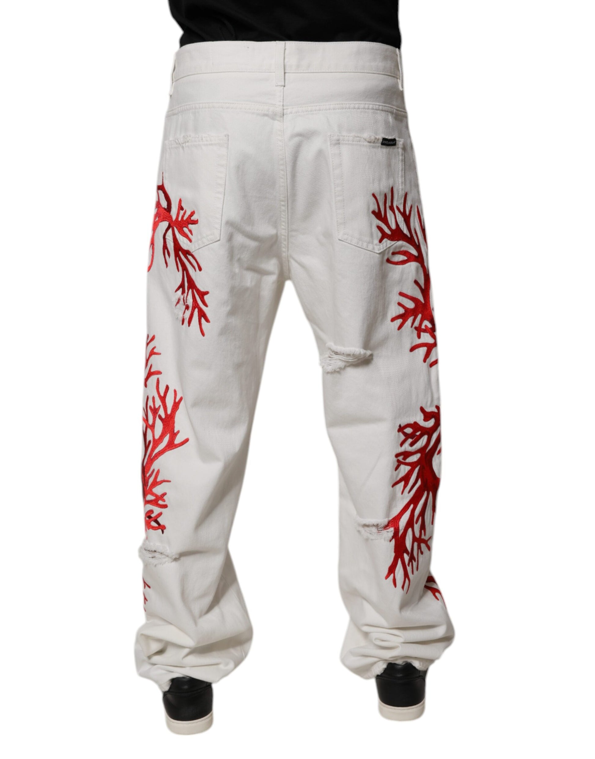 Dolce & Gabbana White Corals Tattered Straight Denim Jeans by Dolce & Gabbana