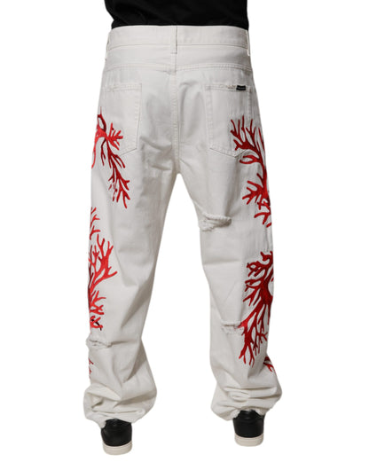 Dolce & Gabbana White Corals Tattered Straight Denim Jeans by Dolce & Gabbana