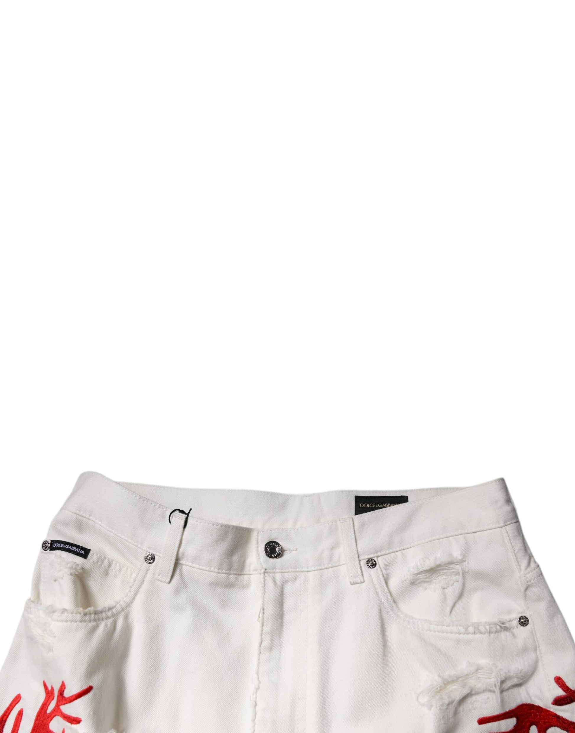 Dolce & Gabbana White Corals Tattered Straight Denim Jeans by Dolce & Gabbana