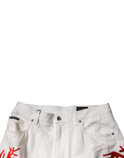 Dolce & Gabbana White Corals Tattered Straight Denim Jeans by Dolce & Gabbana