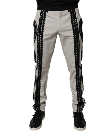 Dolce & Gabbana White Lace Trim Mid Waist Dress Formal Pants by Dolce & Gabbana