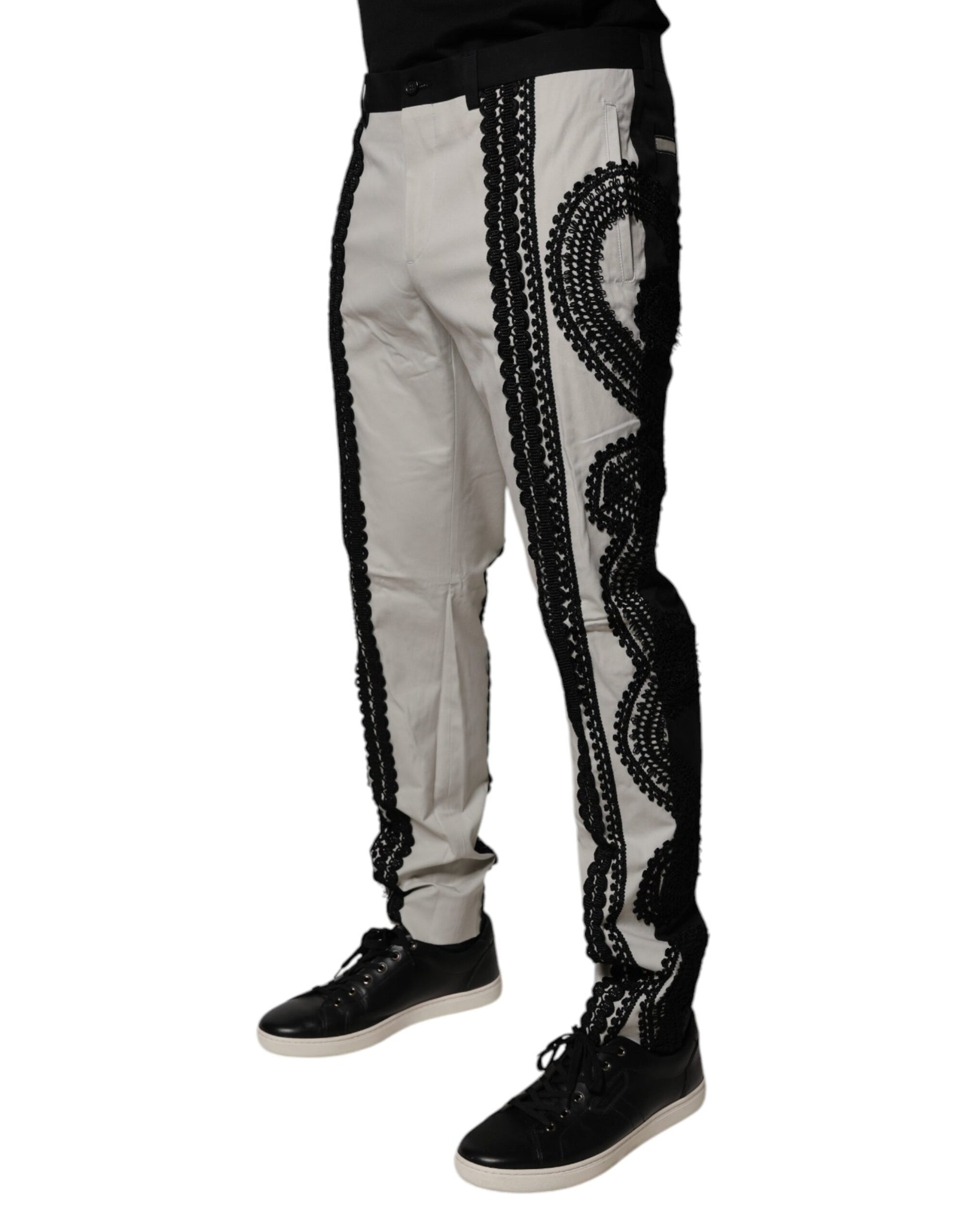 Dolce & Gabbana White Lace Trim Mid Waist Dress Formal Pants by Dolce & Gabbana