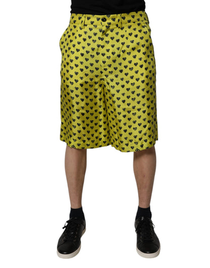 Dolce &amp; Gabbana Green Silk Heart Print Bermuda Shorts