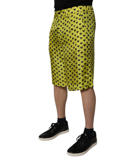 Dolce &amp; Gabbana Green Silk Heart Print Bermuda Shorts