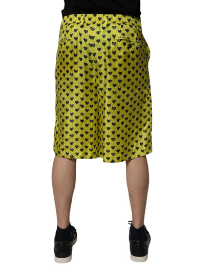 Dolce &amp; Gabbana Green Silk Heart Print Bermuda Shorts