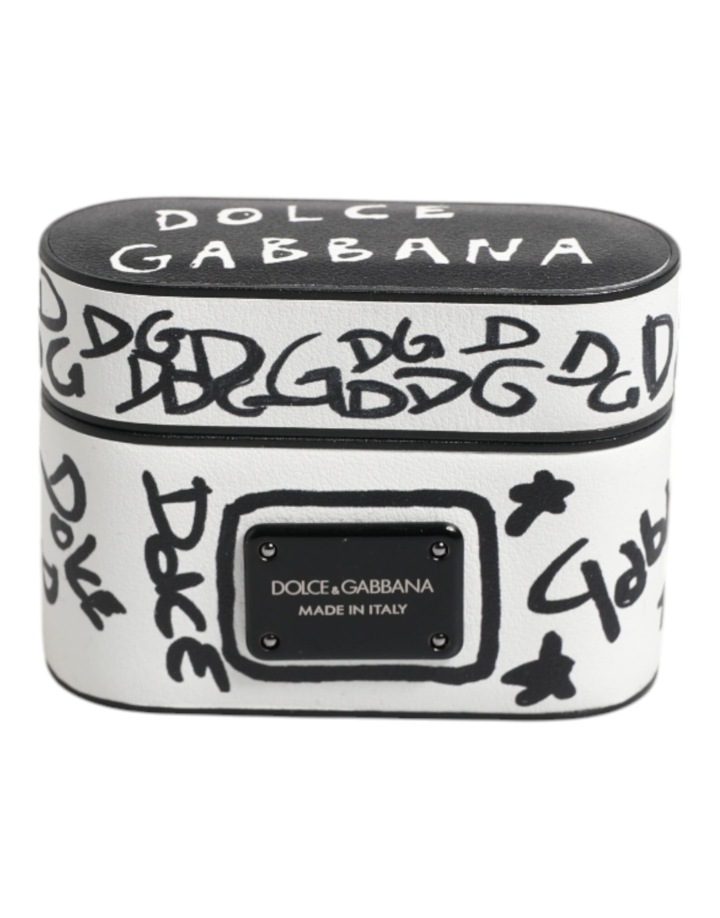 Étui Dolce &amp; Gabbana en cuir noir et blanc avec logo griffonné
