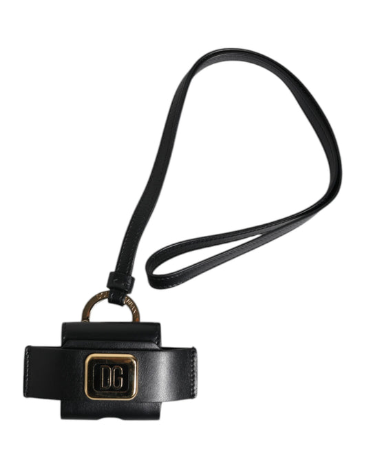 Étui pour Airpods Dolce &amp; Gabbana avec bracelet en cuir noir et plaque logo en métal doré