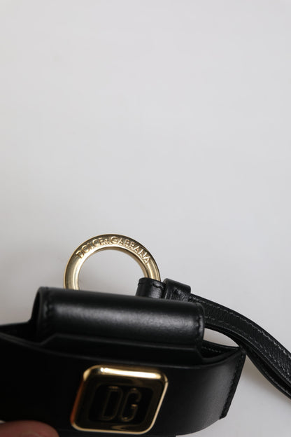 Étui pour Airpods Dolce &amp; Gabbana avec bracelet en cuir noir et plaque logo en métal doré