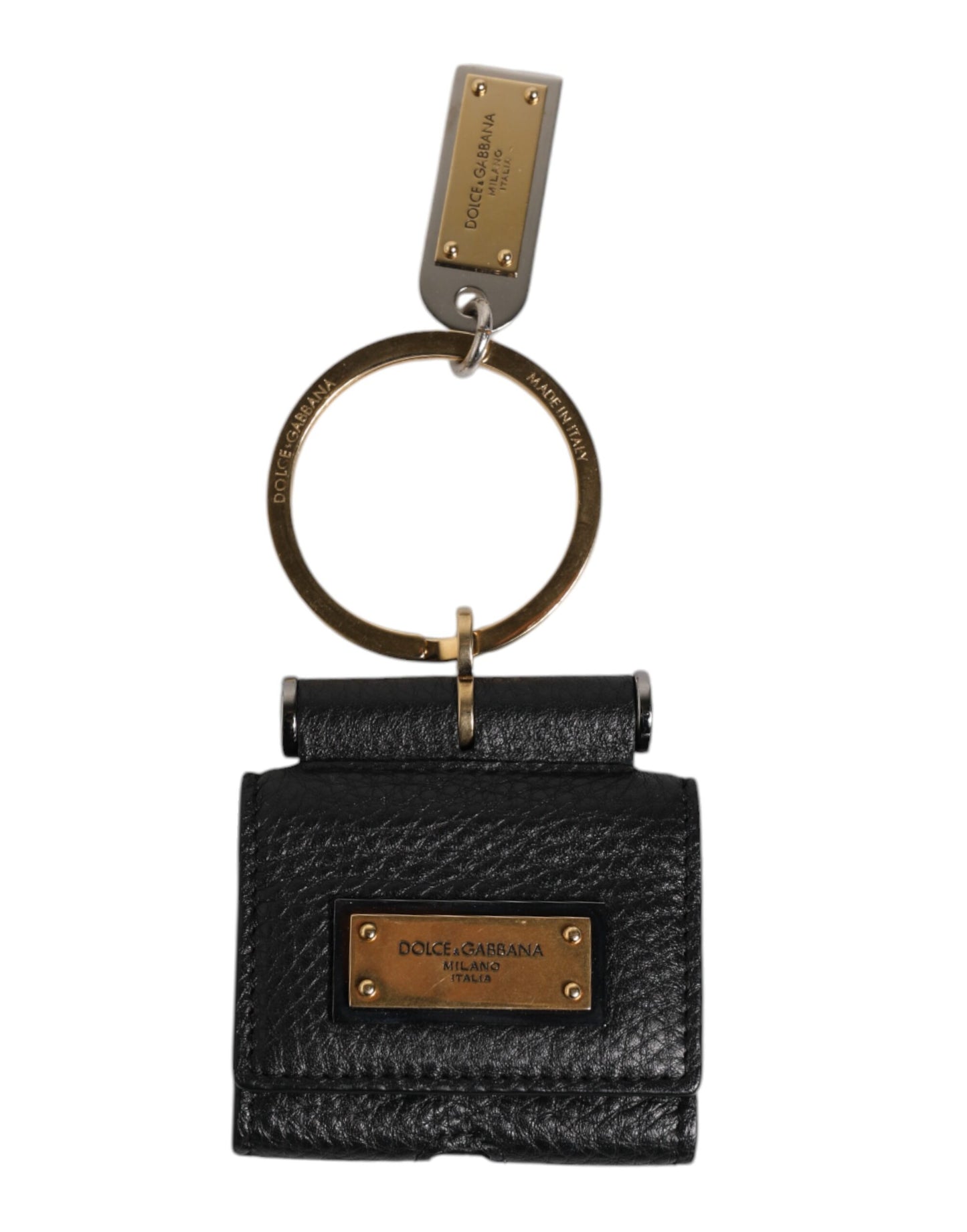 Étui pour Airpods Dolce &amp; Gabbana avec bracelet en cuir noir et plaque logo en métal doré