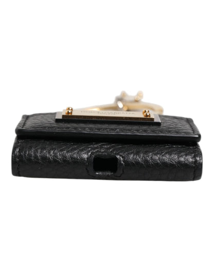Étui pour Airpods Dolce &amp; Gabbana avec bracelet en cuir noir et plaque logo en métal doré
