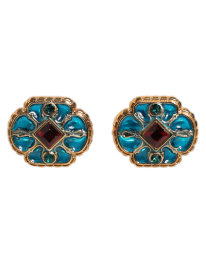 Boutons de manchette Dolce &amp; Gabbana en laiton doré et émail bleu à fleurs