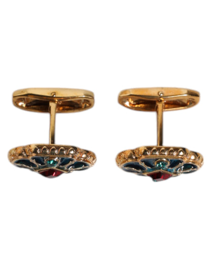 Boutons de manchette Dolce &amp; Gabbana en laiton doré et émail bleu à fleurs