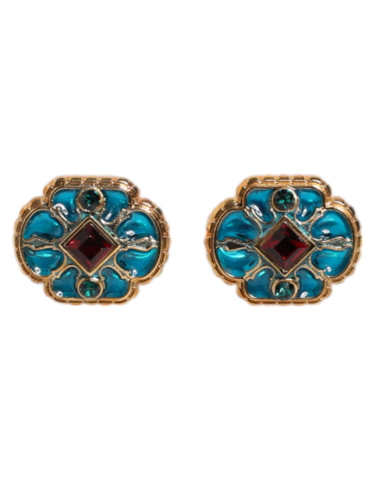 Boutons de manchette Dolce &amp; Gabbana en laiton doré et émail bleu à fleurs