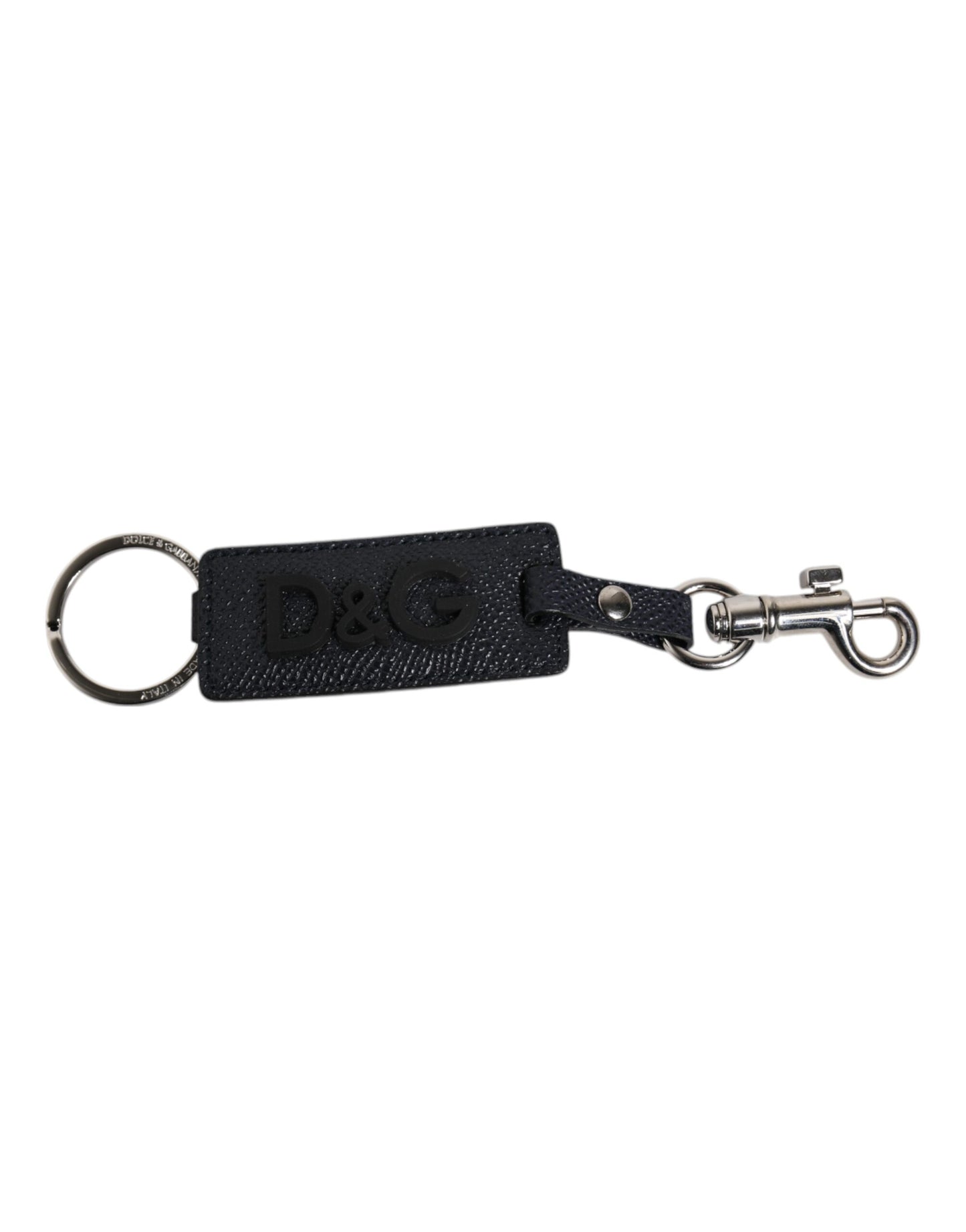 Dolce &amp; Gabbana Blue Calf Leather DG Logo Silver Brass Keyring Keychain