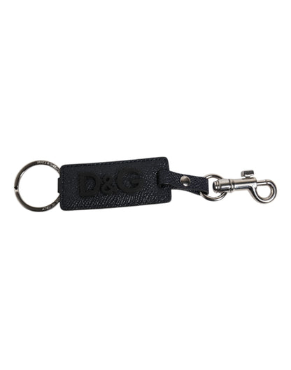 Dolce &amp; Gabbana Blue Calf Leather DG Logo Silver Brass Keyring Keychain