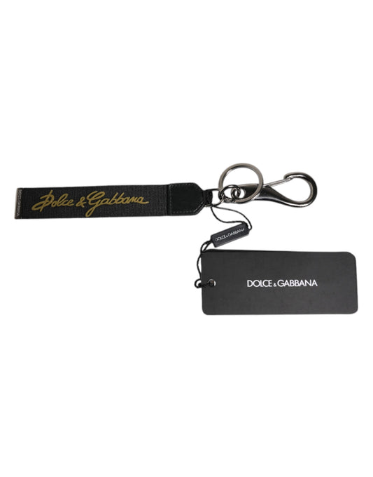 Porte-clés homme Dolce &amp; Gabbana en nylon et laiton argenté avec logo noir