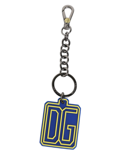 Dolce &amp; Gabbana Blue Yellow DG Rubber Logo Silver Keychain