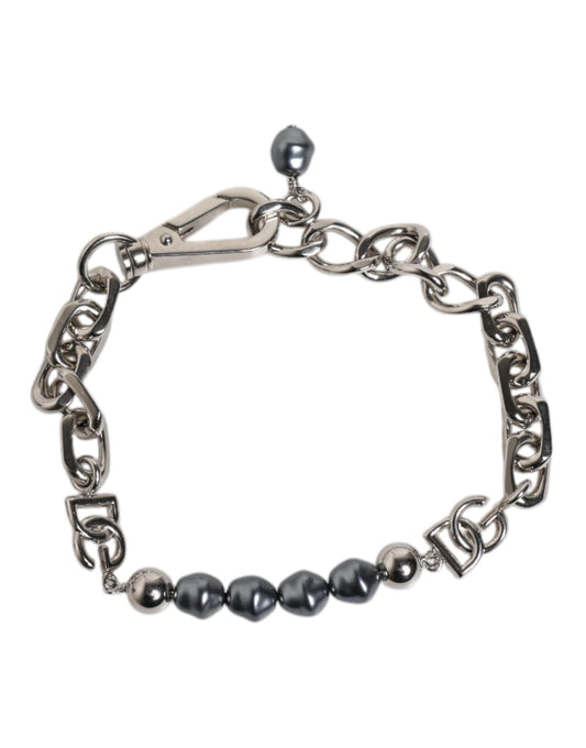 Bracelet Dolce &amp; Gabbana en chaîne argentée avec fermoir mousqueton et perles grises