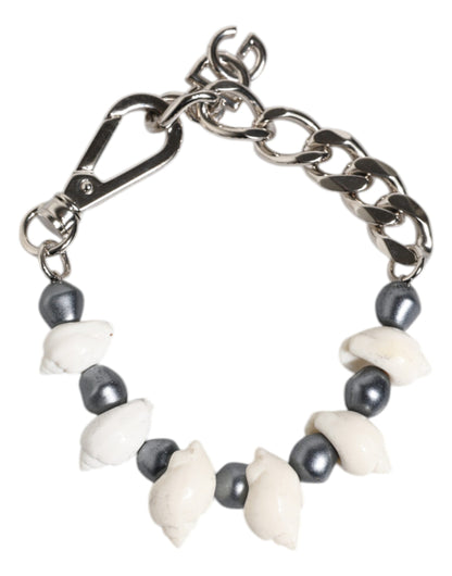 Dolce & Gabbana Silver Tone Brass Beaded Shell DG Logo Bracelet