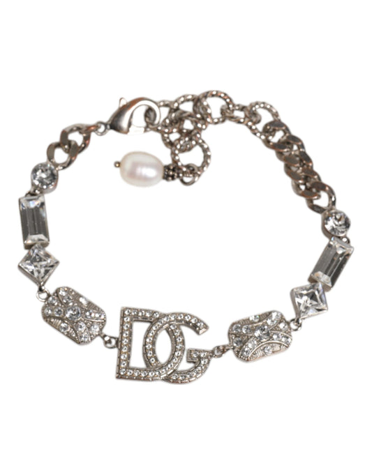 Dolce & Gabbana Silver Brass Crystal DG Logo Charm Bracelet