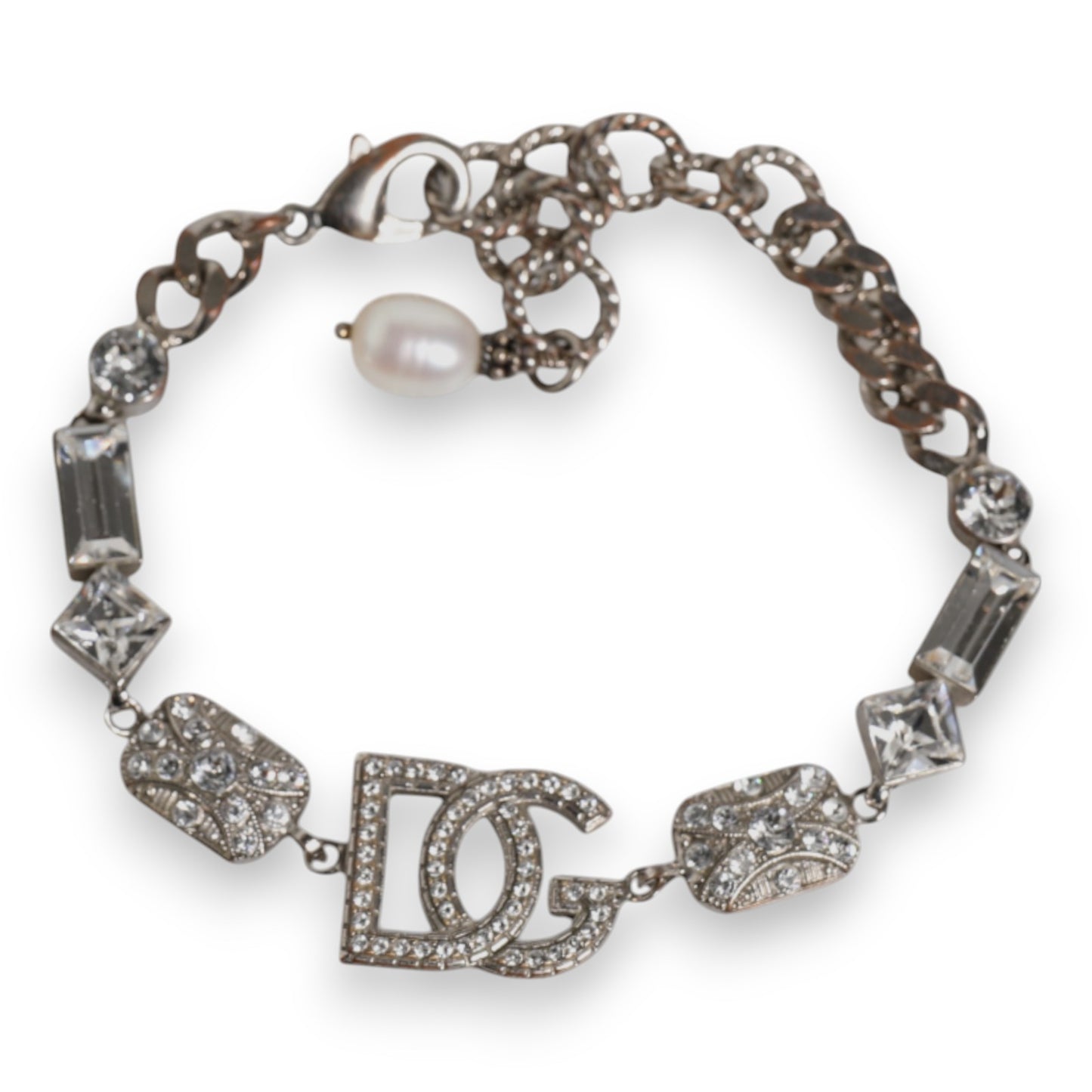 Dolce & Gabbana Silver Brass Crystal DG Logo Charm Bracelet