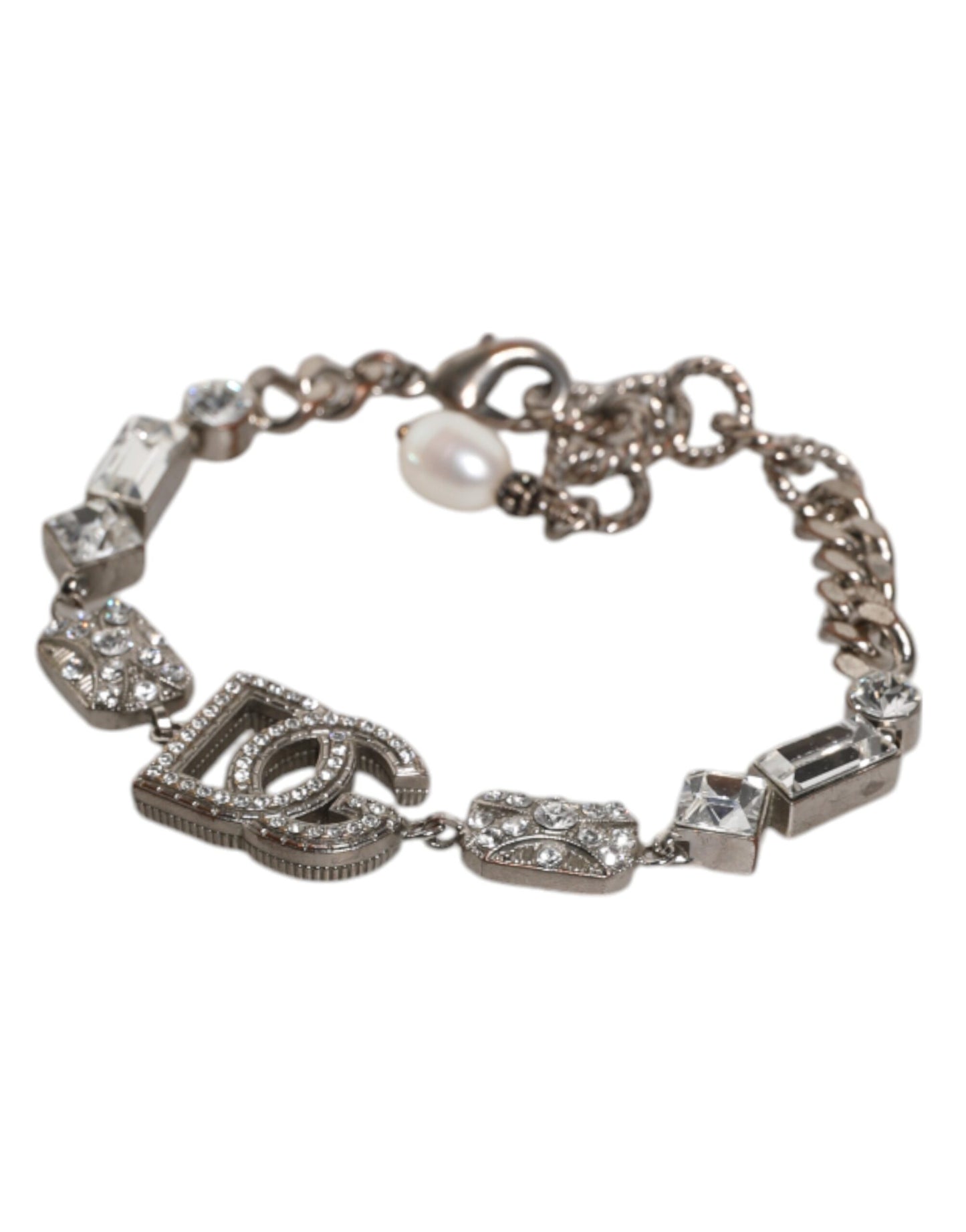 Dolce & Gabbana Silver Brass Crystal DG Logo Charm Bracelet
