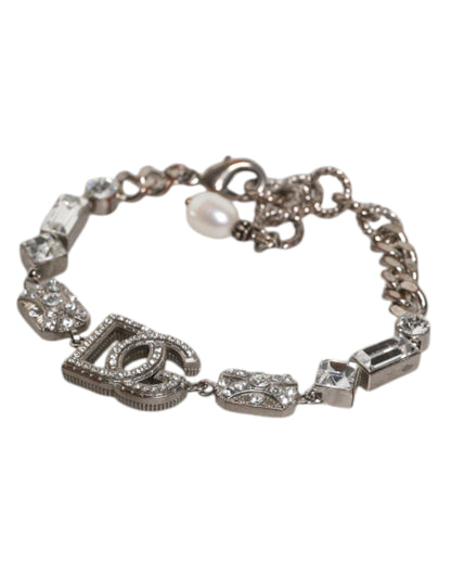 Dolce & Gabbana Silver Brass Crystal DG Logo Charm Bracelet