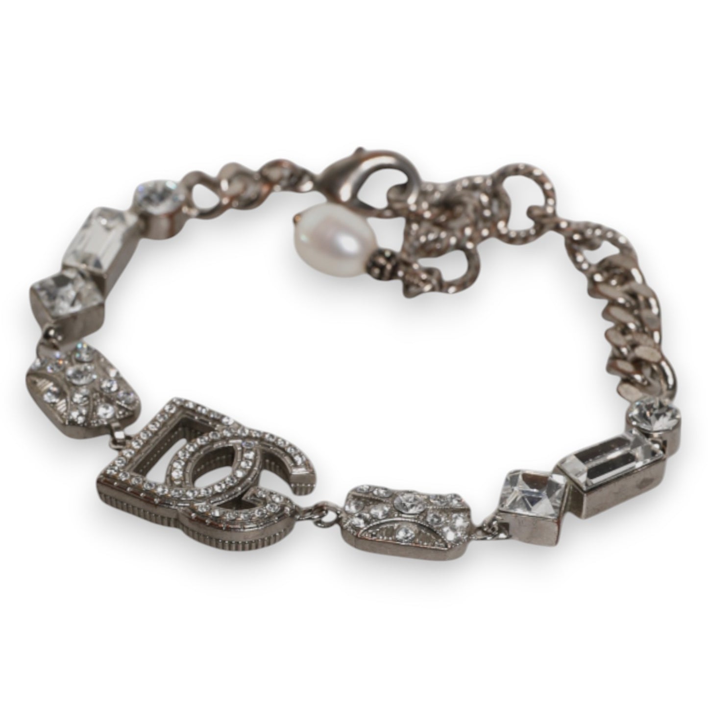 Dolce & Gabbana Silver Brass Crystal DG Logo Charm Bracelet