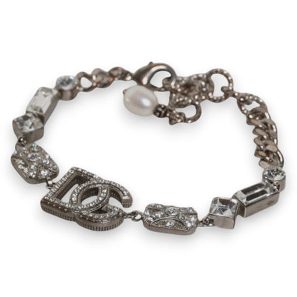 Dolce & Gabbana Silver Brass Crystal DG Logo Charm Bracelet