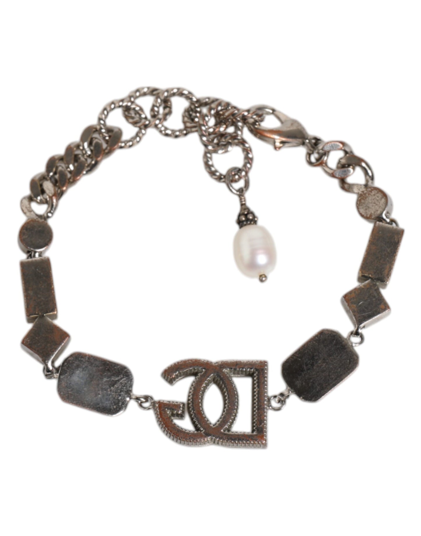 Dolce & Gabbana Silver Brass Crystal DG Logo Charm Bracelet