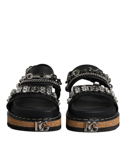 Dolce &amp; Gabbana Black Crystal Embellish Strap Sandals Shoes