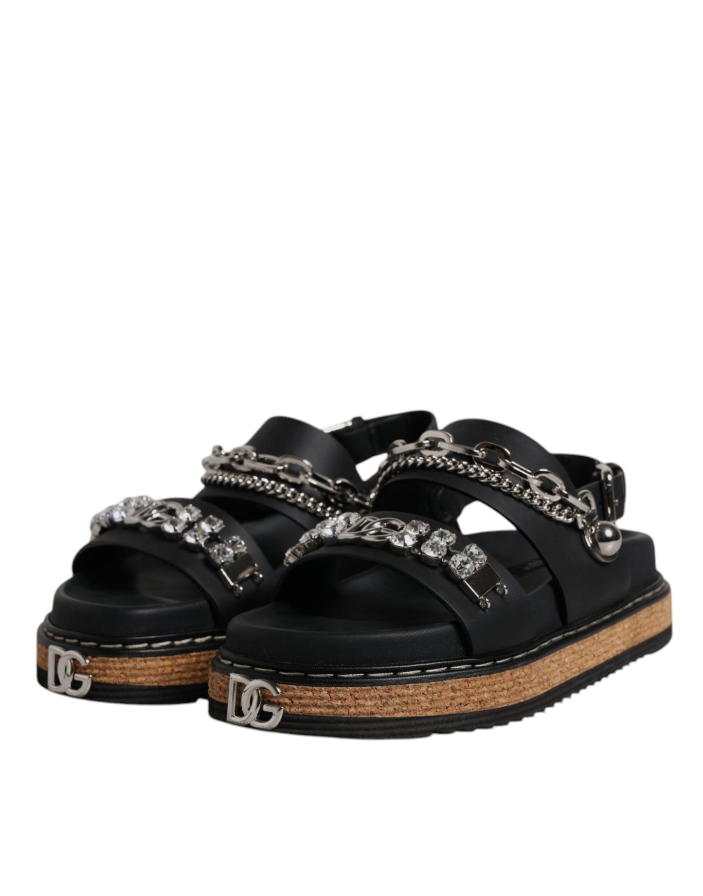 Dolce &amp; Gabbana Black Crystal Embellish Strap Sandals Shoes