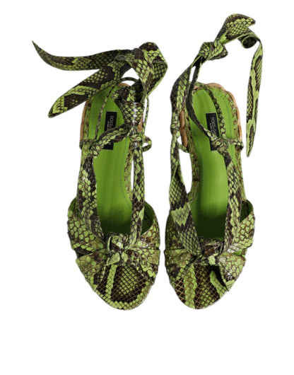 Dolce &amp; Gabbana Green Animal Print Ankle Wrap Sandals Shoes