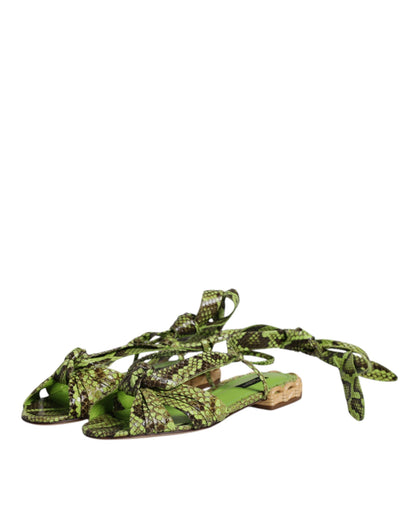 Dolce &amp; Gabbana Green Animal Print Ankle Wrap Sandals Shoes