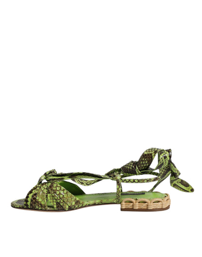 Dolce &amp; Gabbana Green Animal Print Ankle Wrap Sandals Shoes