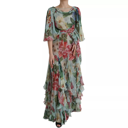 Dolce &amp; Gabbana Blue Floral Print Tiered Long Maxi Dress