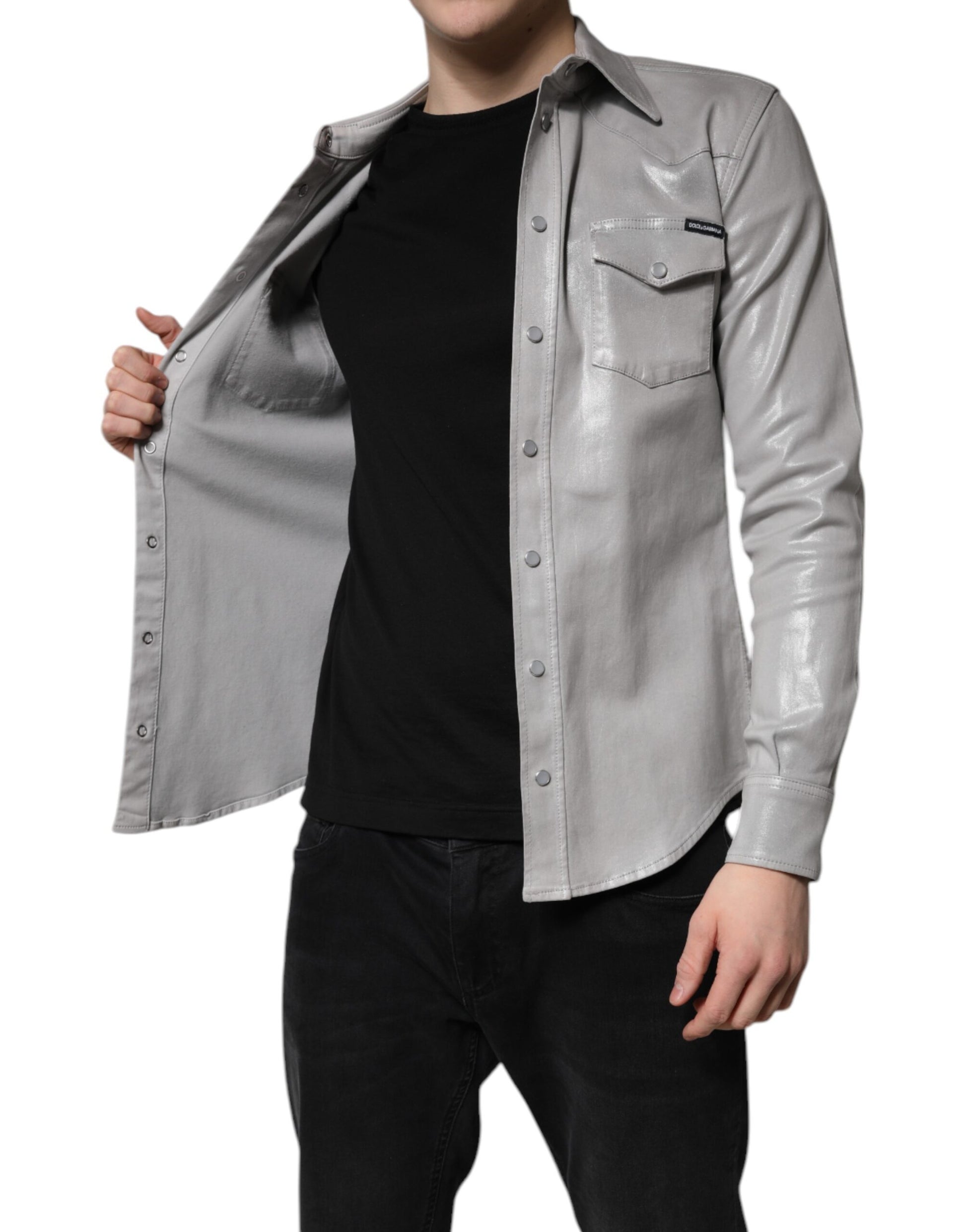 Dolce & Gabbana Metallic Gray Cotton Button Down Shirt by Dolce & Gabbana