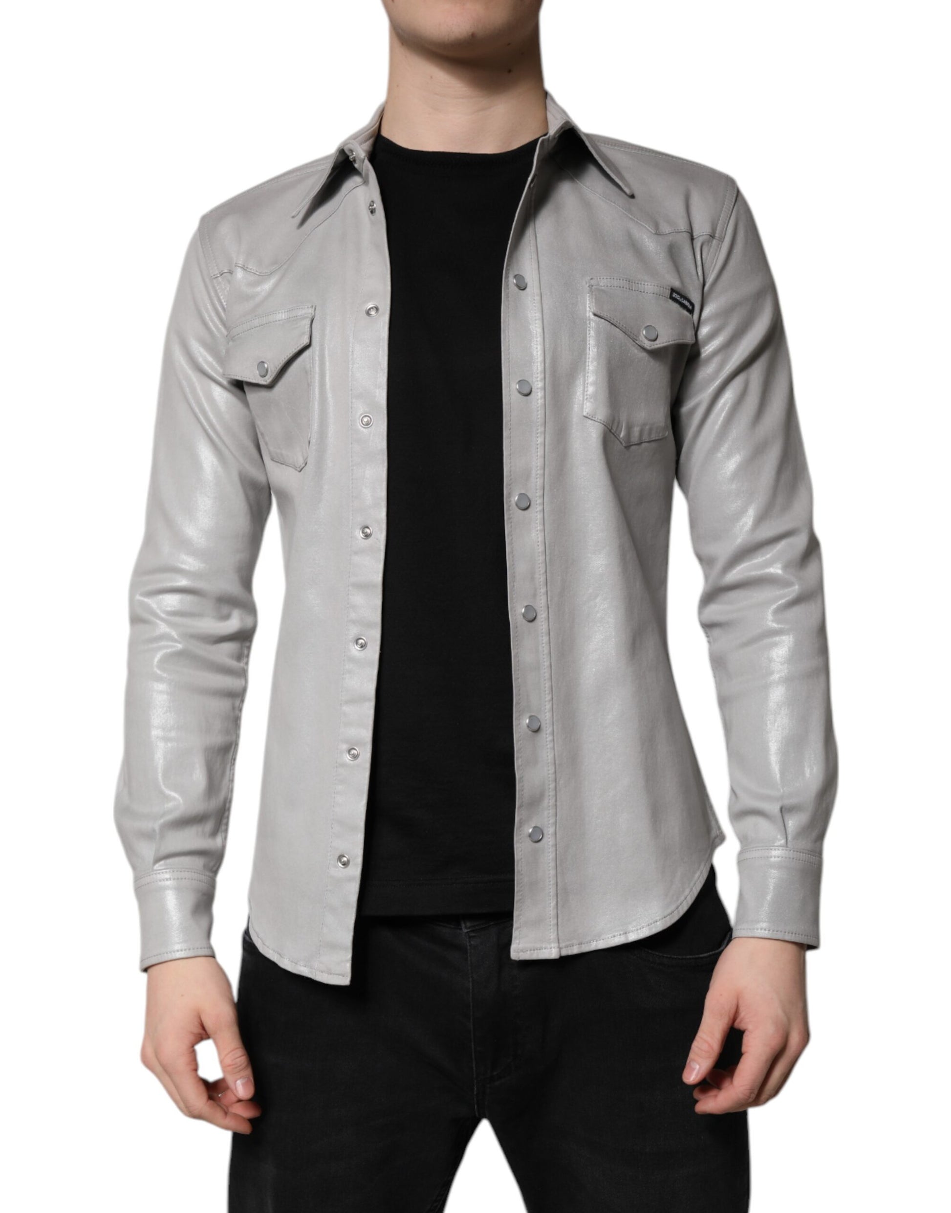 Dolce & Gabbana Metallic Gray Cotton Button Down Shirt by Dolce & Gabbana