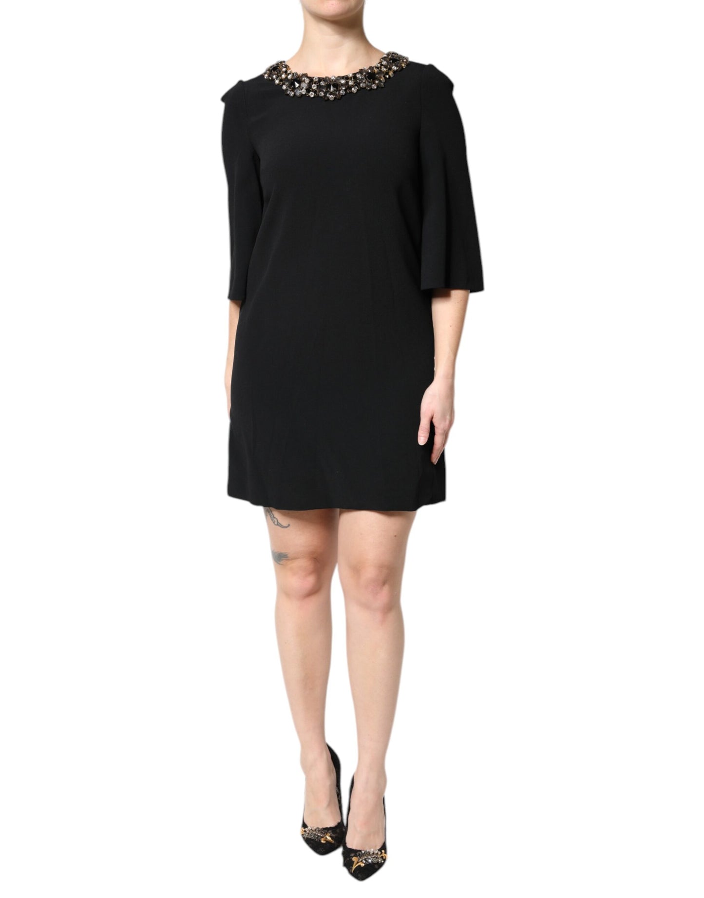 Dolce &amp; Gabbana Black Crystal Embellished Round Neck Mini Dress