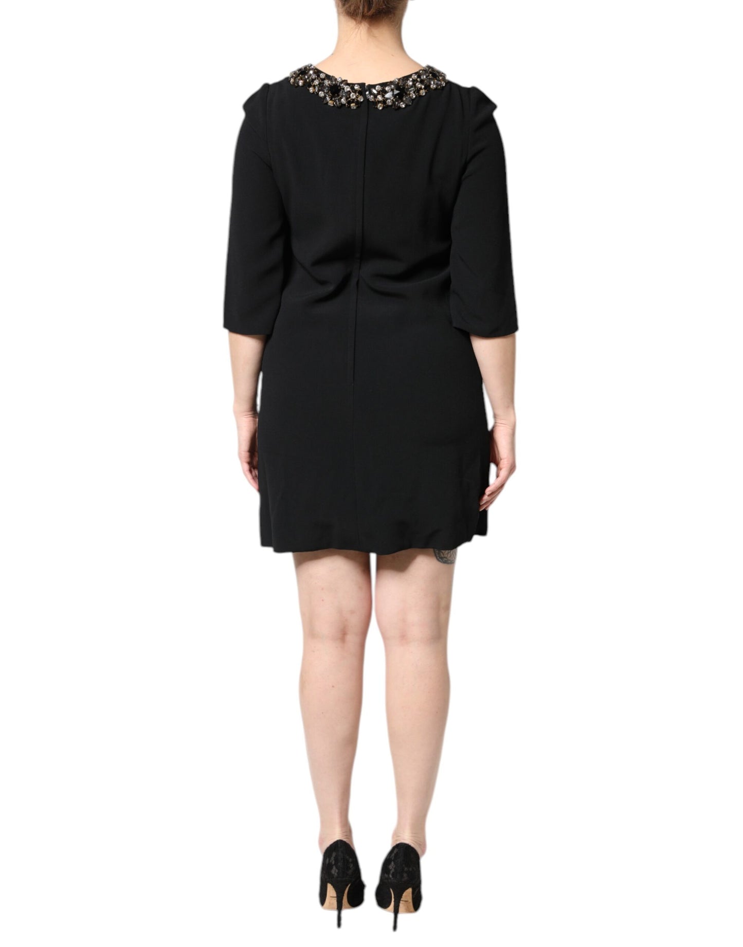 Dolce &amp; Gabbana Black Crystal Embellished Round Neck Mini Dress