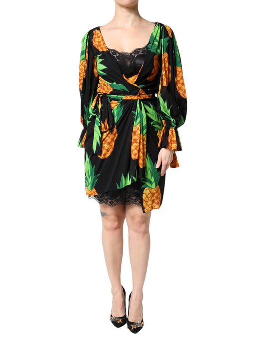 Dolce &amp; Gabbana Black Silk Pineapple Draped Print Wrap Dress